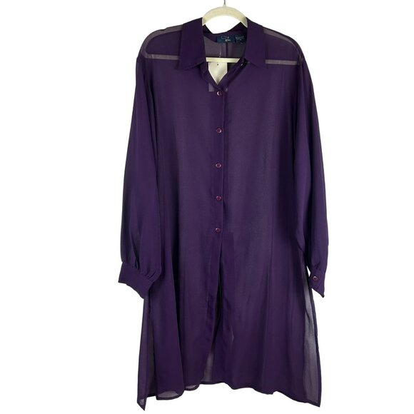 NEW RAG Sheer Duster Blouse Overshirt‎ Women Plus 1X Purple Lagenlook Buttons - Picture 1 of 10